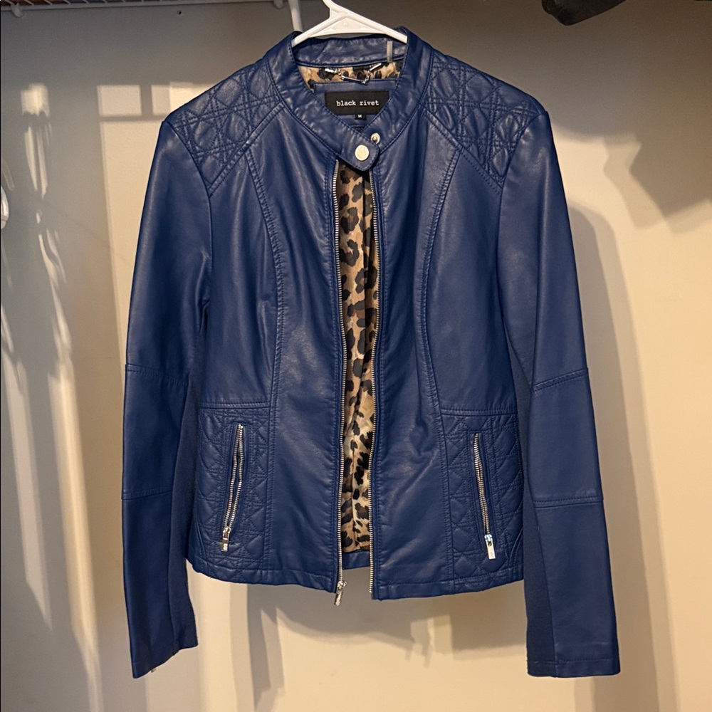 Black Rivet Quilted Blue Leather Jacket